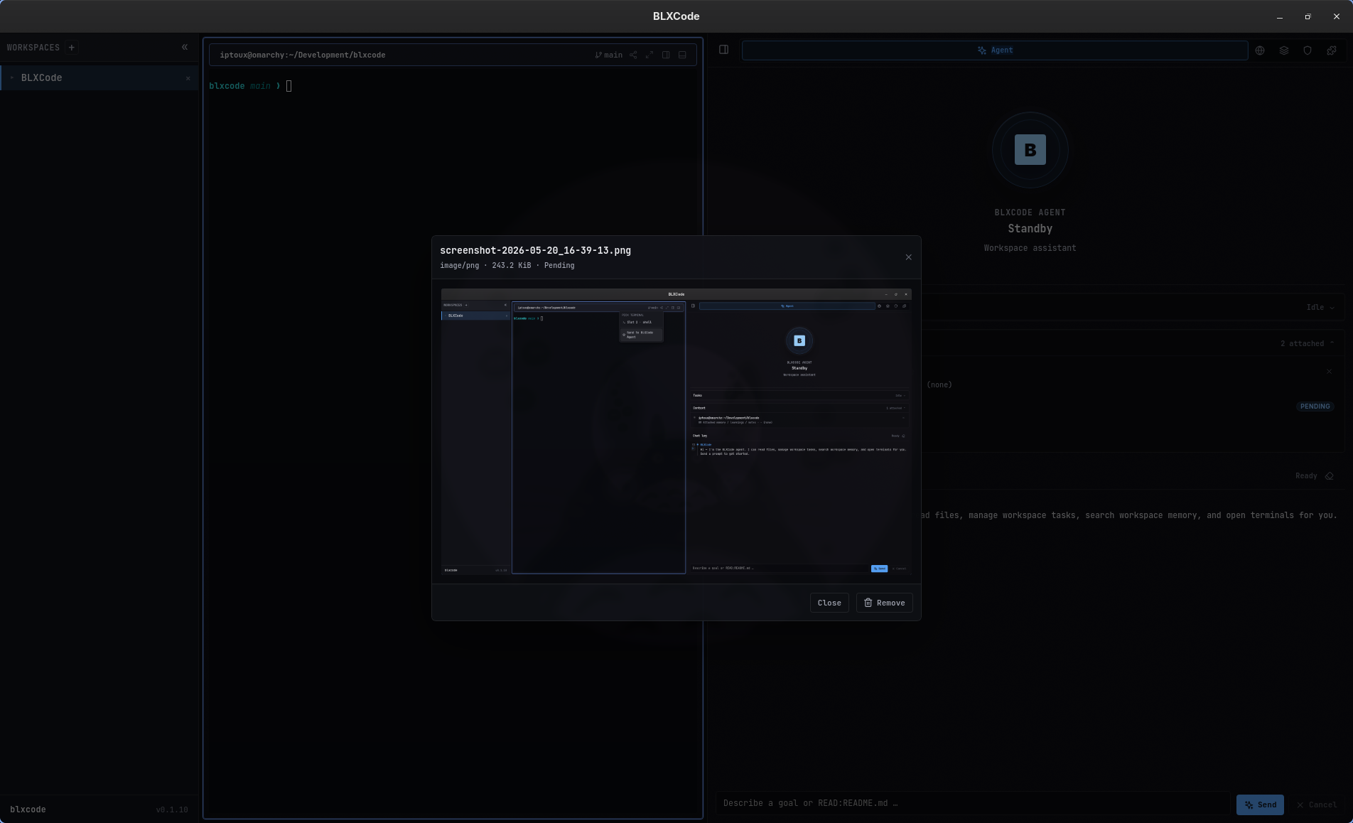 Agent chat with Image mode active and generated image preview in the timeline