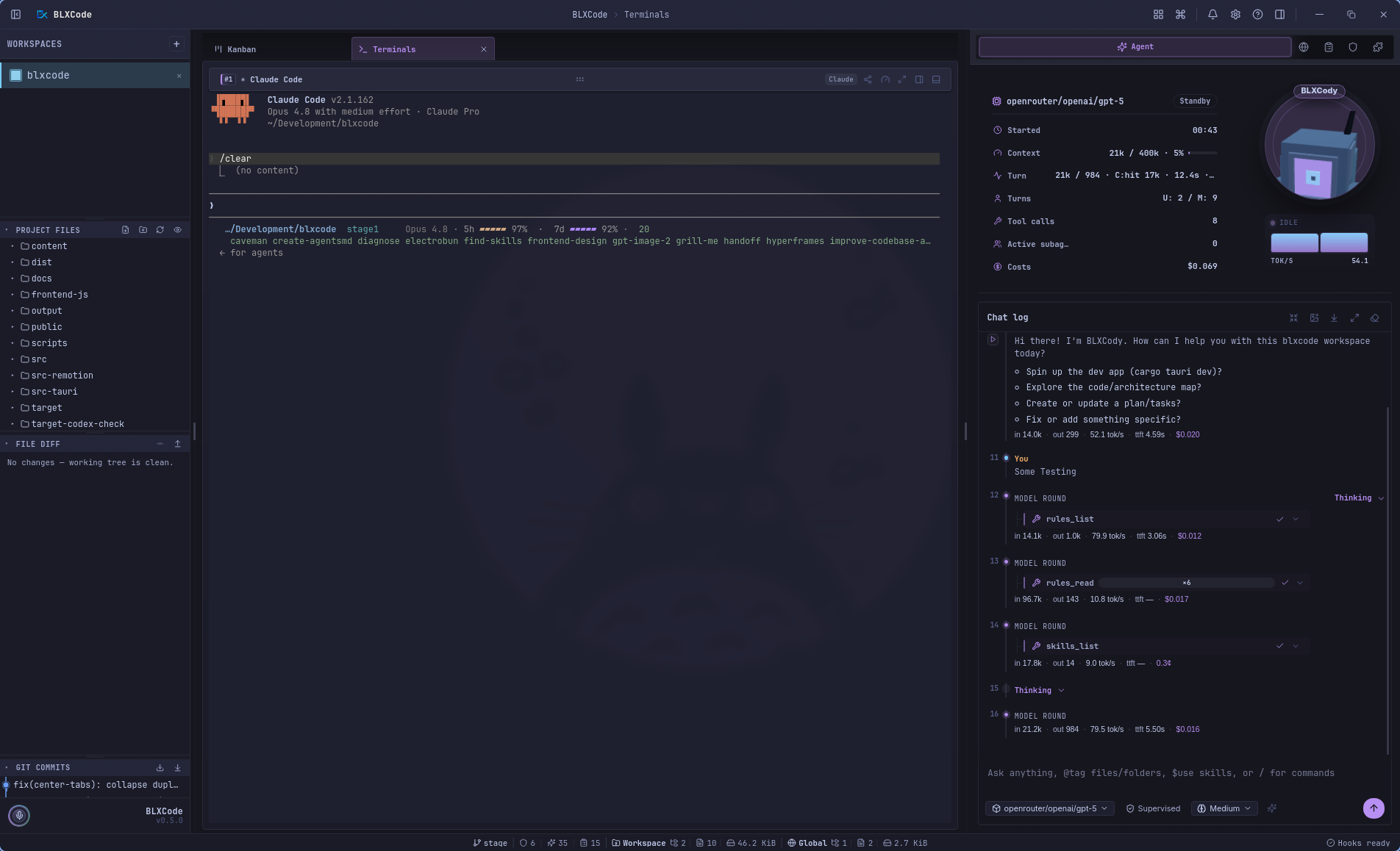 BLXCode Agent panel with OpenRouter GPT-5 session stats, context-window meter, tool-call counts, cost, Drobo orb, modern composer, and grouped tool rows in the chat timeline