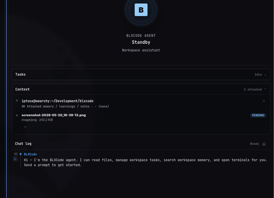 BLXCode Agent panel with context and task sections