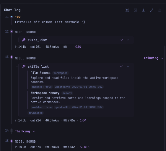 Close-up of the Agent timeline rendering a skills_list JSON-array result as readable File Access and Workspace Memory list cards with metadata chips