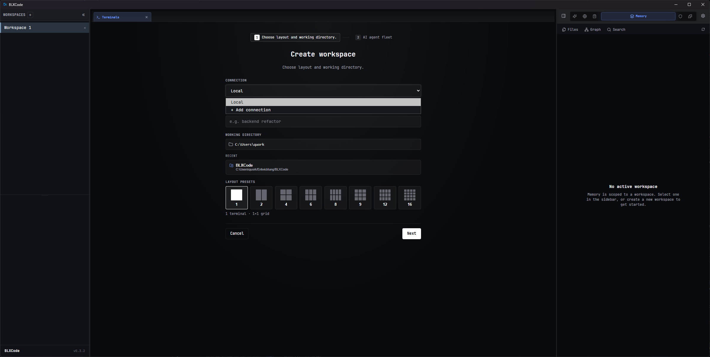 Create workspace wizard with the Connection dropdown open, showing 'Local' and a '+ Add connection' entry, above the Name, Working directory, Recent, and Layout preset controls