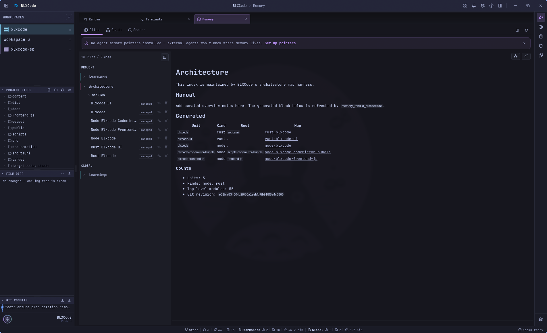Memory center tab Files view showing the Architecture category, generated module notes, an Architecture index preview, agent memory pointer banner, and workspace sidebar