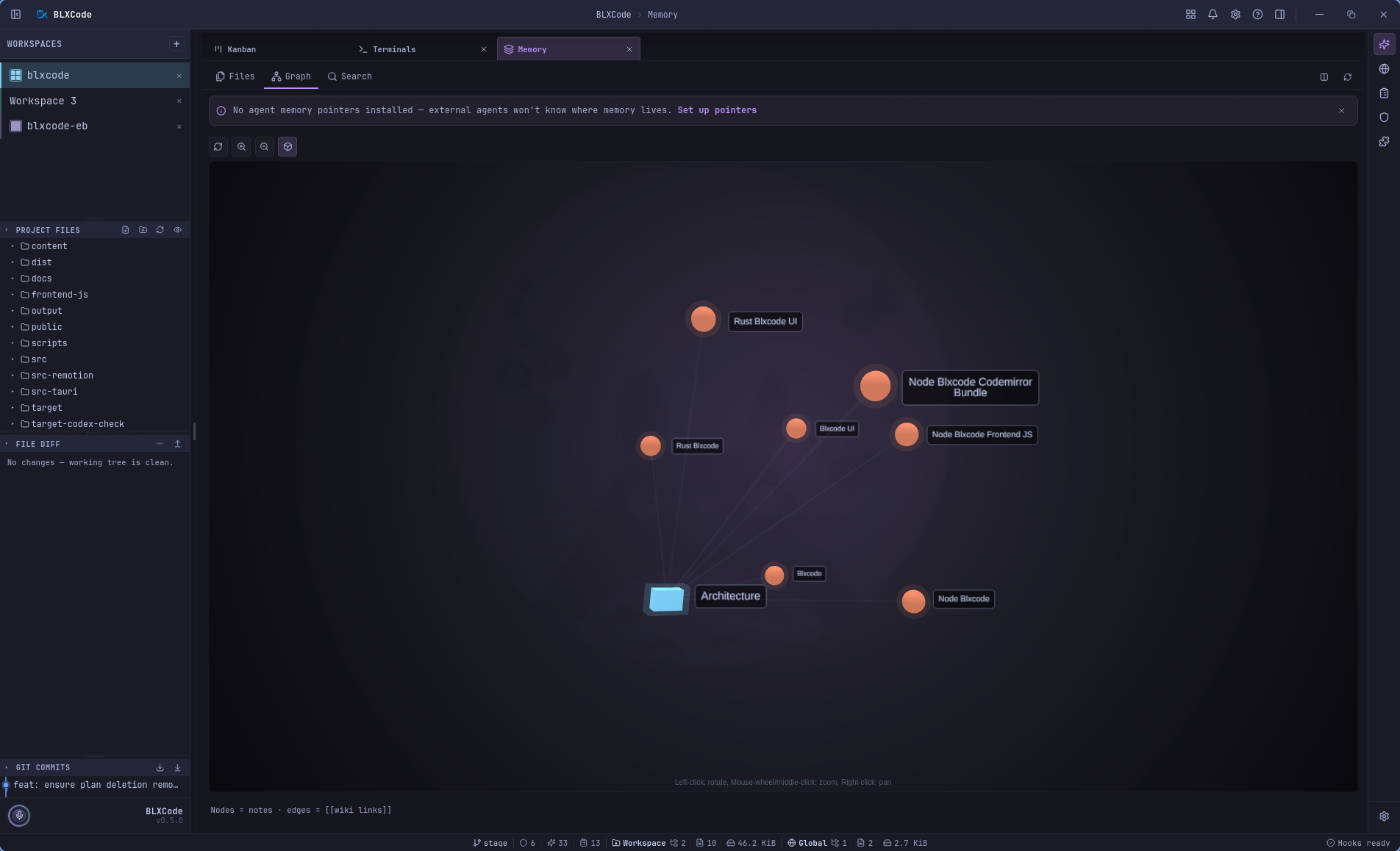Memory Graph 3D view showing architecture and generated module nodes clustered in a dark canvas with graph toolbar controls