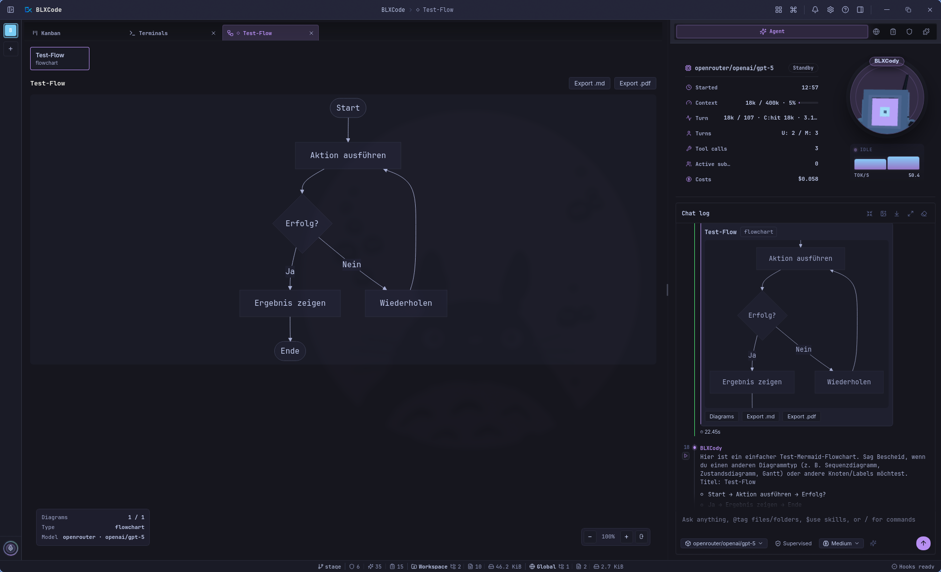 Centered Mermaid diagram gallery with a Test-Flow flowchart, thumbnail rail, Export .md and Export .pdf buttons, zoom controls, and an inline diagram card in the Agent timeline