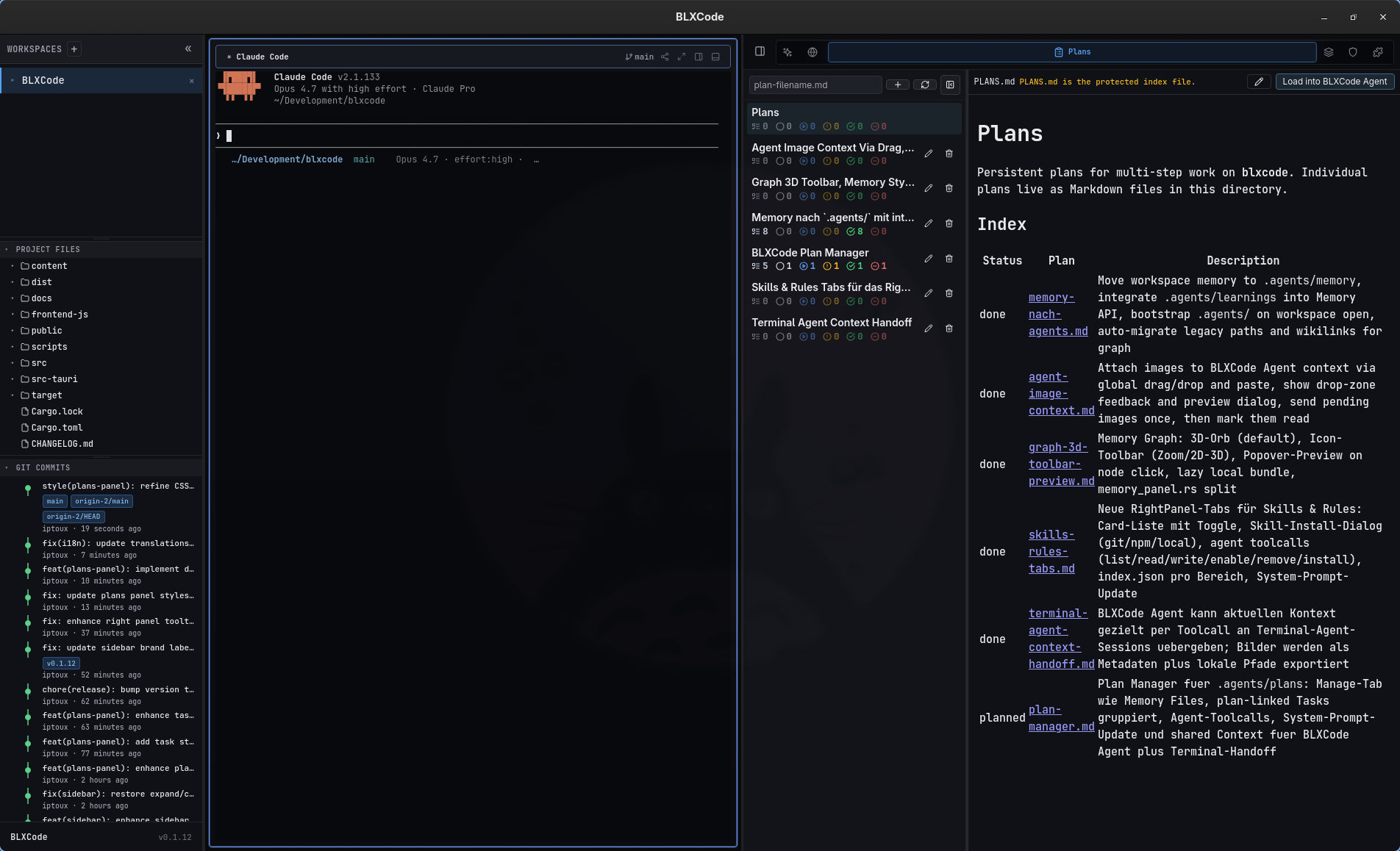 Plans panel with plan list, task summary chips, and Markdown editor