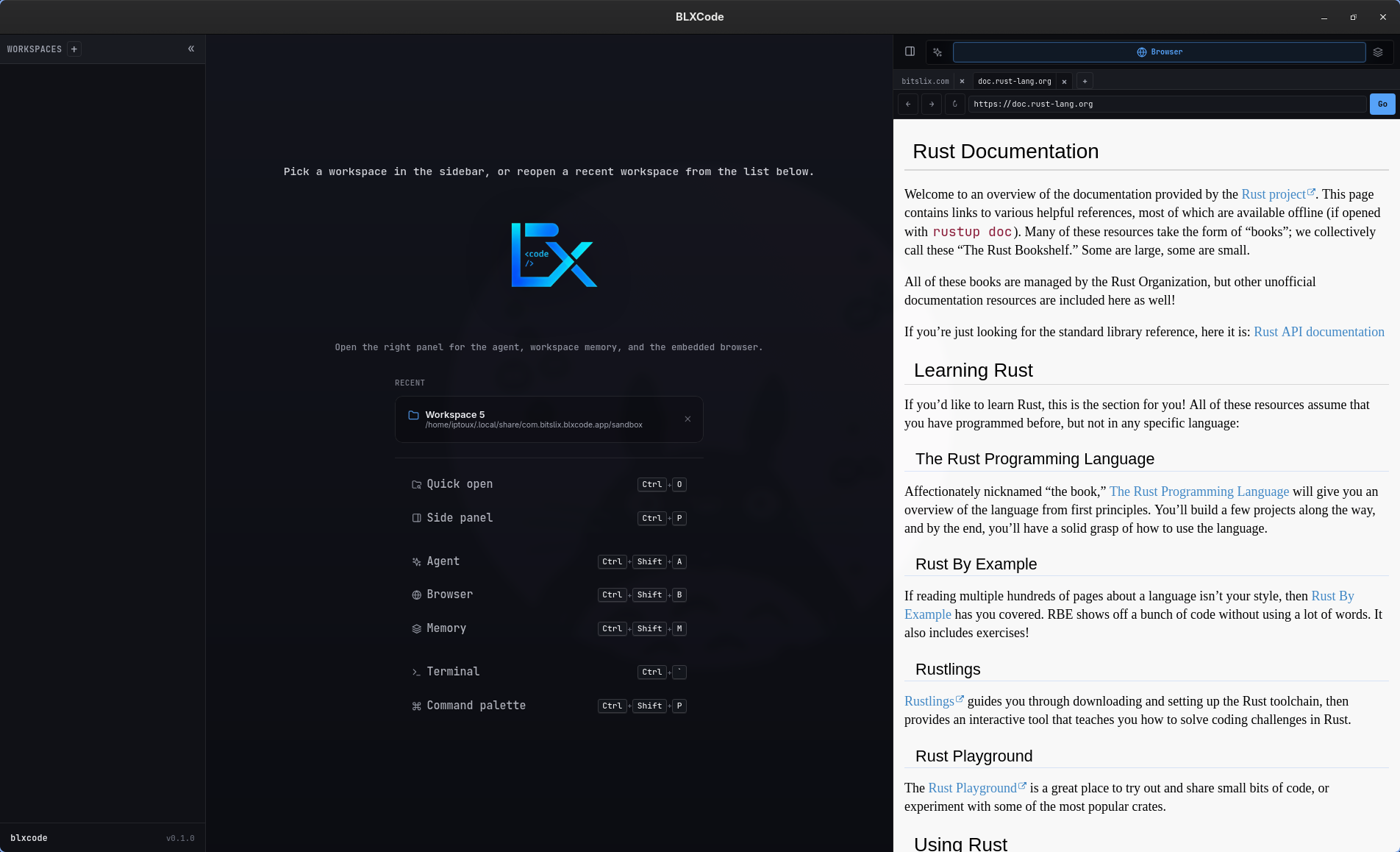 BLXCode welcome screen with recent workspaces and keyboard shortcuts