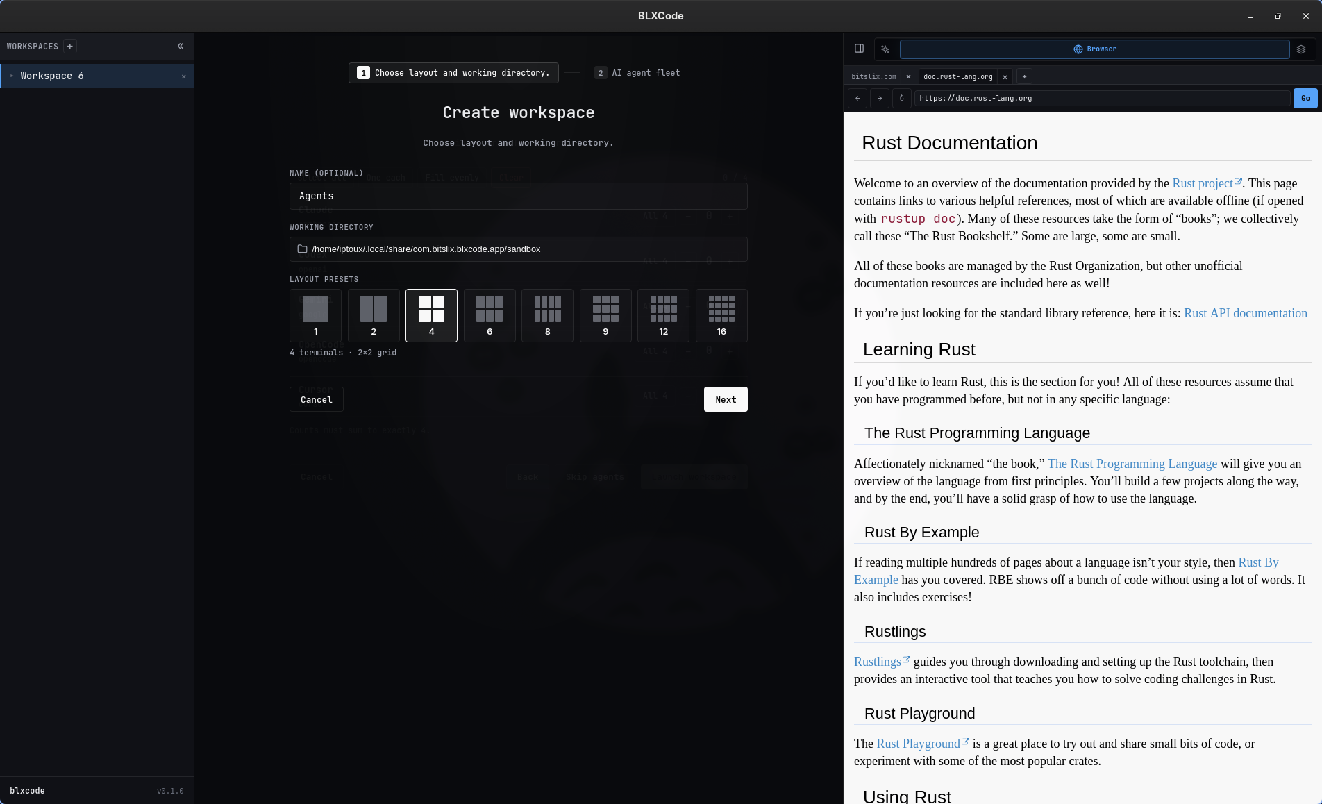 Create workspace step 1: name, working directory, and terminal grid preset