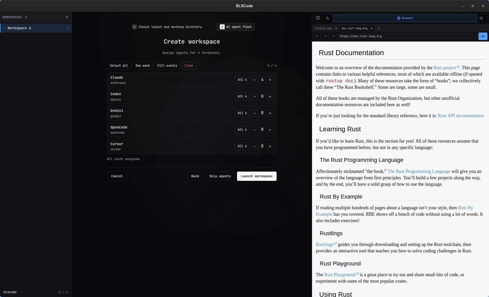 Create workspace step 2: assign coding agents to terminal slots