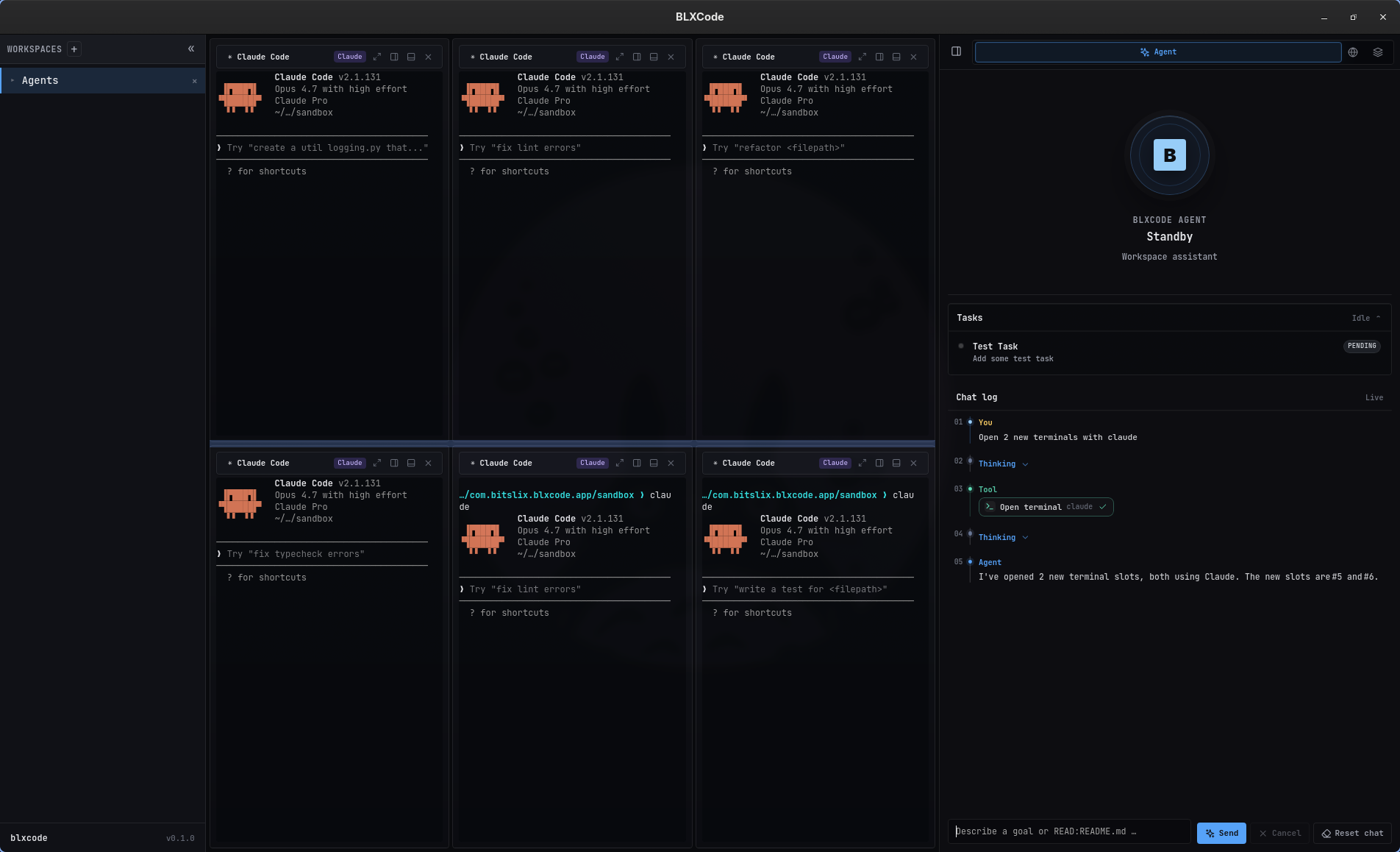 Workspace terminal grid after the agent opens two additional Claude terminal slots