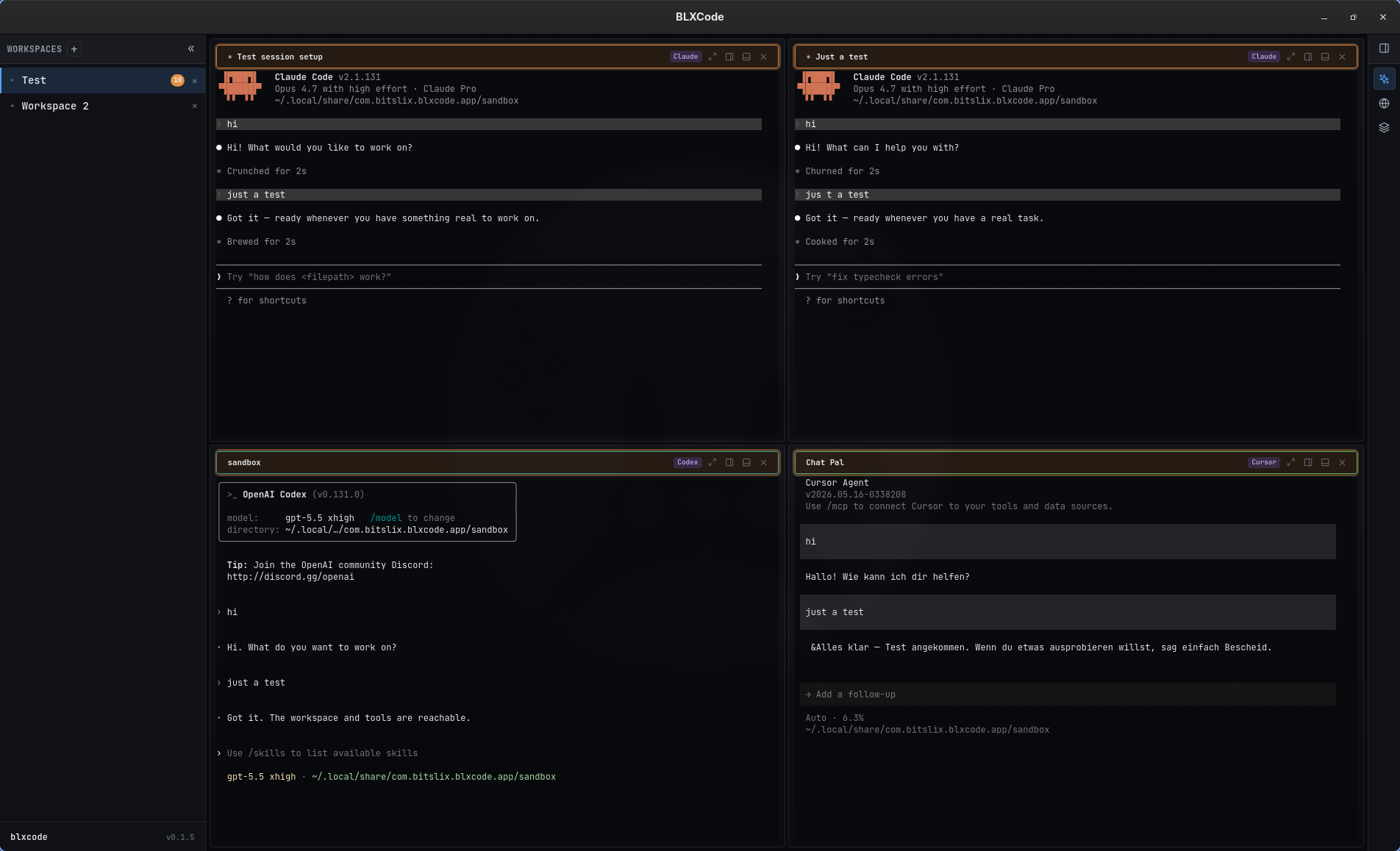 BLXCode workspace with resumed agent sessions, terminal titles, and workspace notification badges showing active and total unread counts