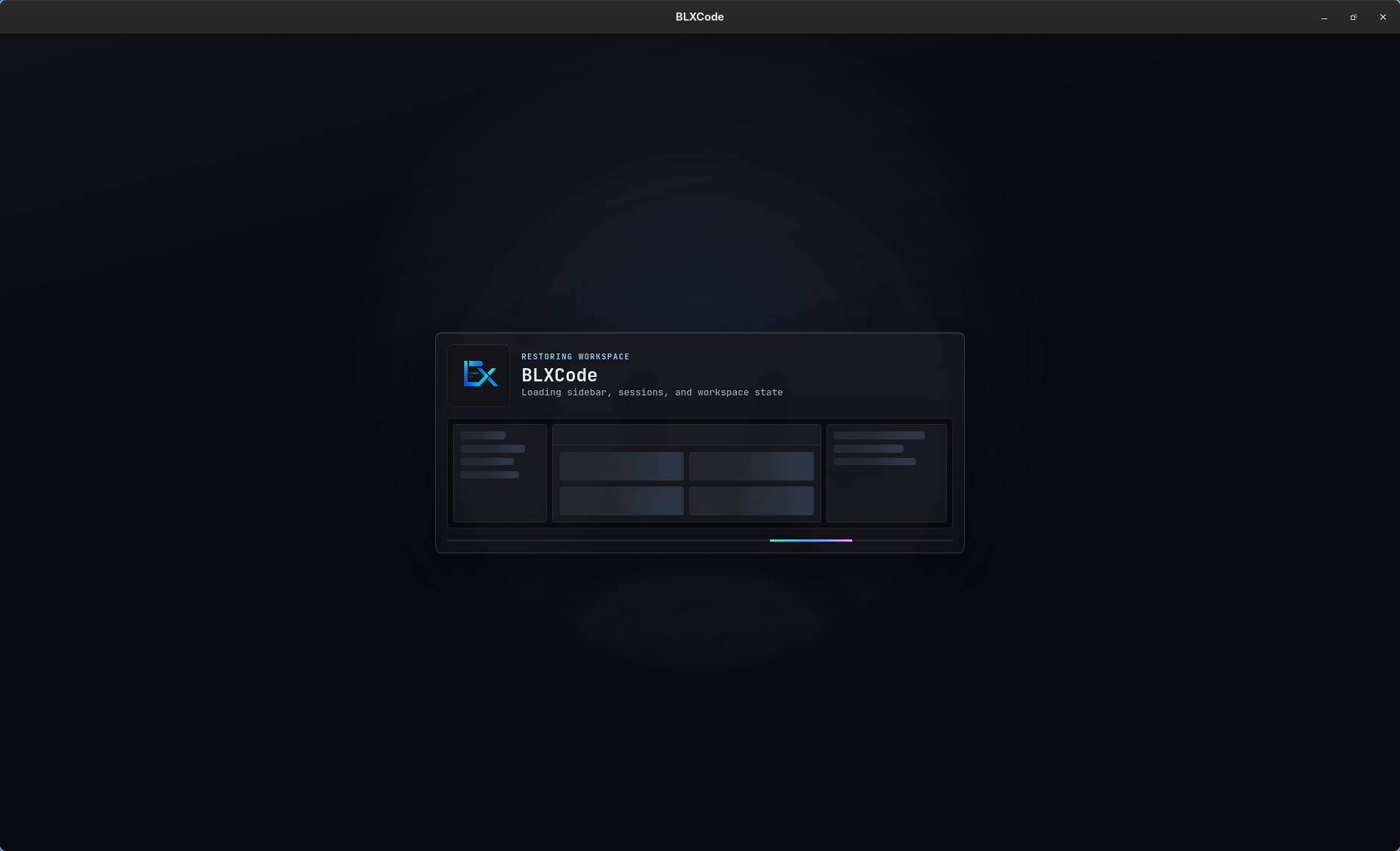 BLXCode boot loading screen with logo, 'Restoring workspace' eyebrow, animated workbench preview skeleton and progress rail