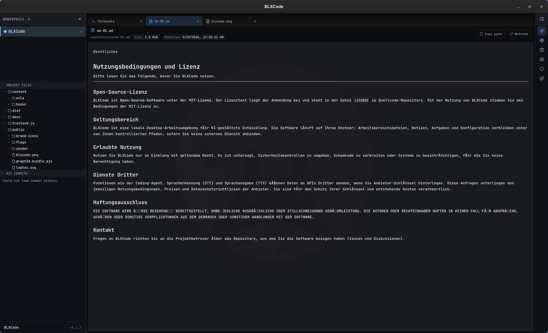 File preview rendering a Markdown EULA document with headings, paragraphs, and German umlauts