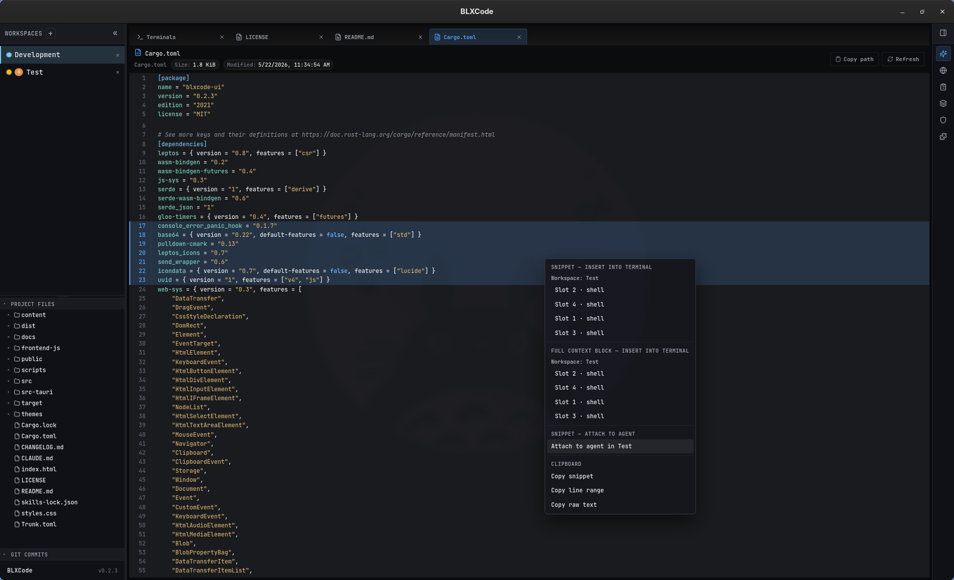 Right-click context menu in the code preview showing four sections: Snippet → Insert into terminal (per-workspace slot list), Full context block → Insert into terminal, Snippet → Attach to agent, and Clipboard (Copy snippet / range / raw text)