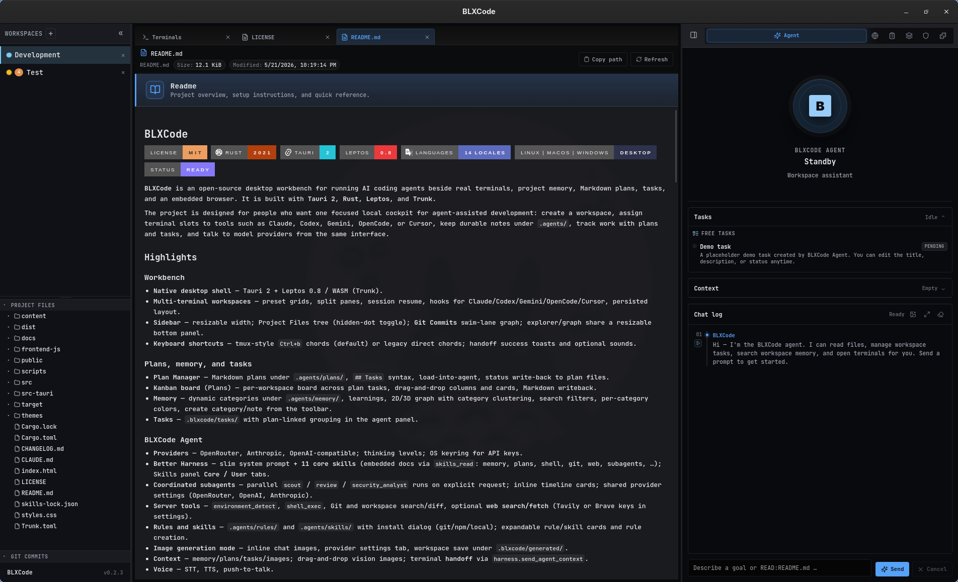 README.md file preview with the Readme hero banner (Book-open icon, accent-blue bar, 'Project overview, setup instructions, and quick reference.' subtitle) and the rendered BLXCode README