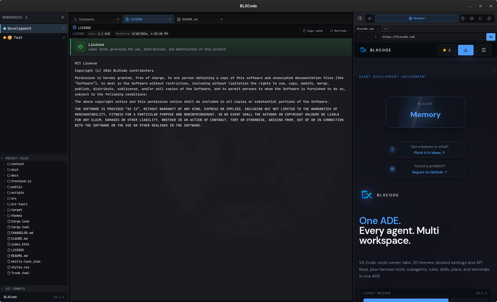 LICENSE file preview with the License hero banner (Scale icon, success-green accent bar, 'Legal terms governing the use, distribution, and modification of this project.' subtitle), MIT License text rendered as Markdown