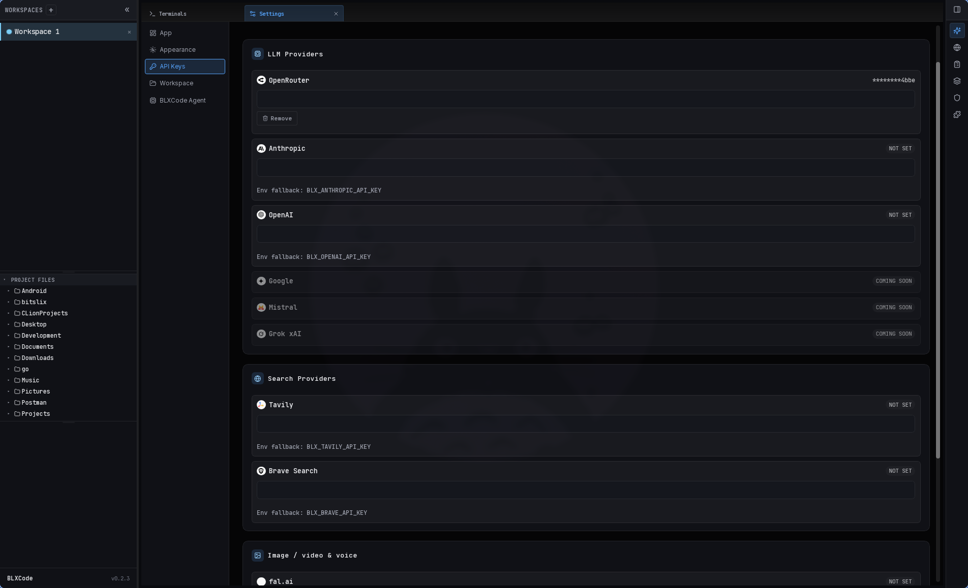 Settings → API Keys pane with LLM Providers (OpenRouter configured ********4b6e, Anthropic NOT SET with BLX_ANTHROPIC_API_KEY env fallback hint, OpenAI NOT SET, Google/Mistral/Grok xAI COMING SOON), Search Providers (Tavily NOT SET, Brave Search NOT SET), and Image/Video/Voice section with fal.ai row