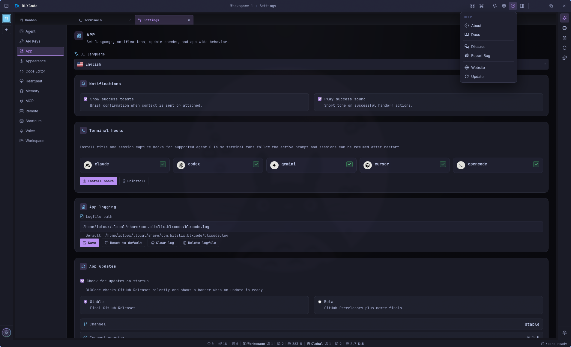 Settings App pane with UI language, notification toggles, installed Claude, Codex, Gemini, Cursor, and OpenCode terminal hooks, app logging, Stable and Beta update channel controls, and the titlebar Help menu open