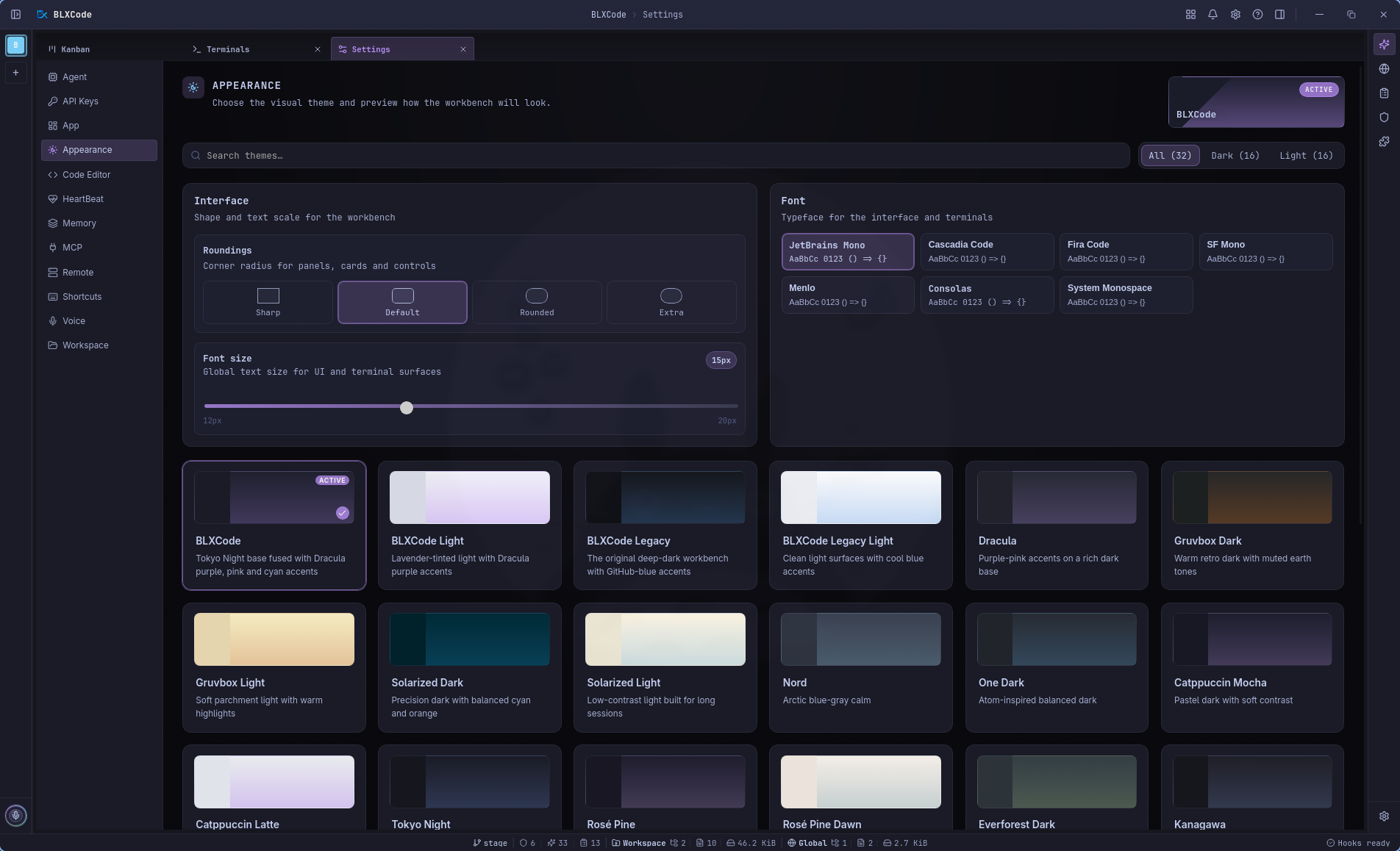 Settings Appearance pane with Roundings, Font size, Font picker, active BLXCode theme preview, dark and light theme filters, and a grid of theme cards