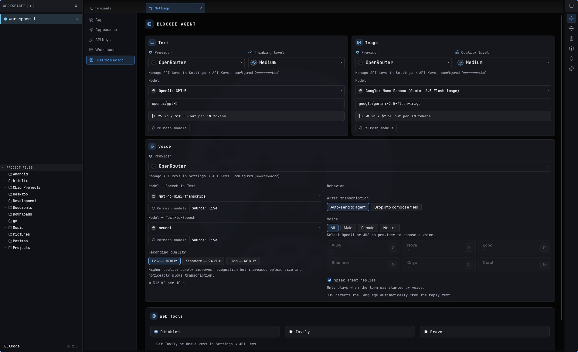 Settings → BLXCode Agent pane with Text card (Provider OpenRouter, Thinking level Medium, Model openai/gpt-5 with pricing $1.25 in / $10.00 out per 1M tokens), Image card (Provider OpenRouter, Quality level Medium, Model google/gemini-2.5-flash-image with pricing $0.30 in / $2.50 out), Voice card (Provider OpenRouter, STT model gpt-4o-mini-transcribe, TTS model neural, recording quality Low / Standard / High, post-STT behavior, 6-voice picker grid, Speak agent replies toggle), and Web Tools row (Disabled / Tavily / Brave)