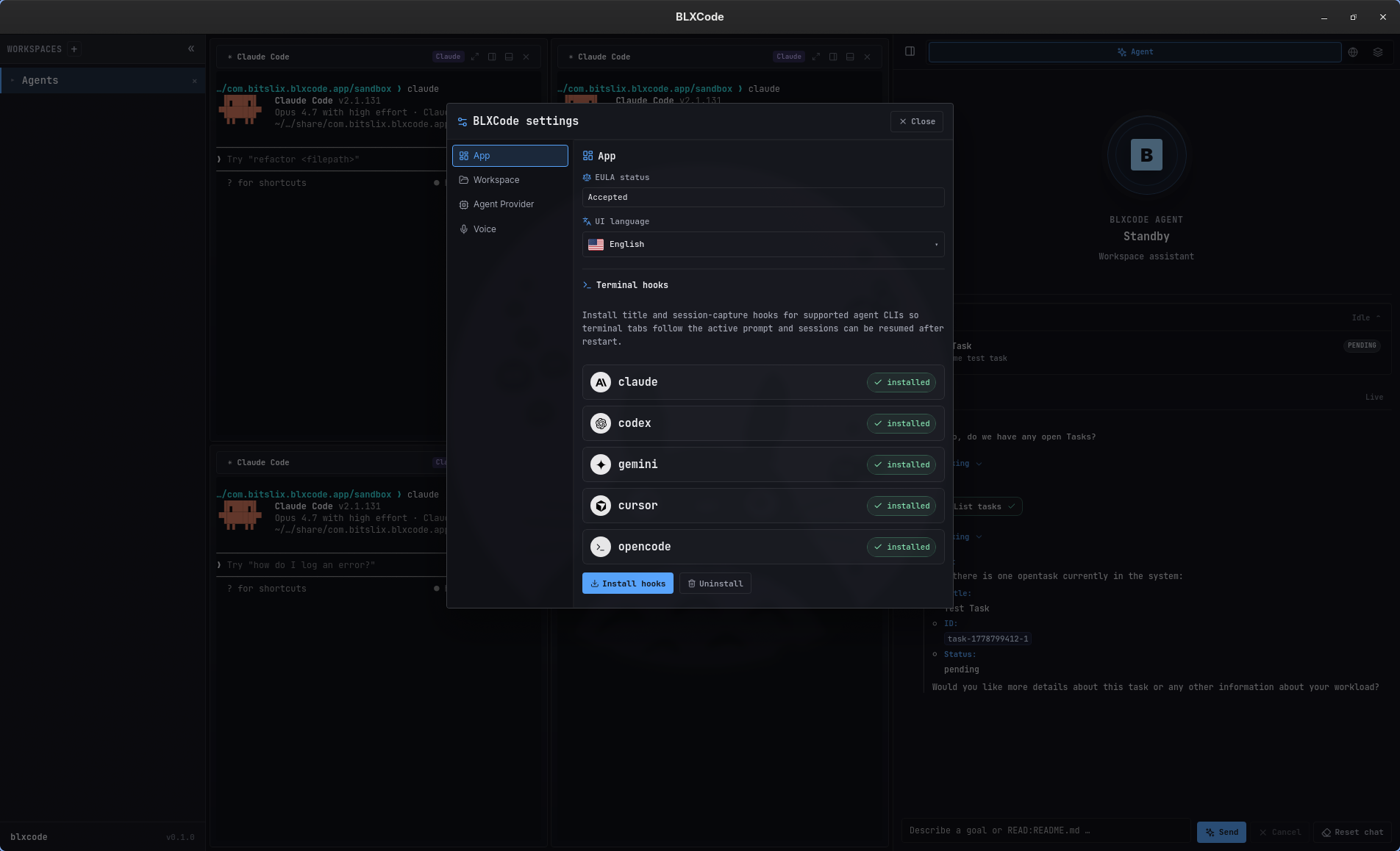 BLXCode settings showing installed terminal hooks