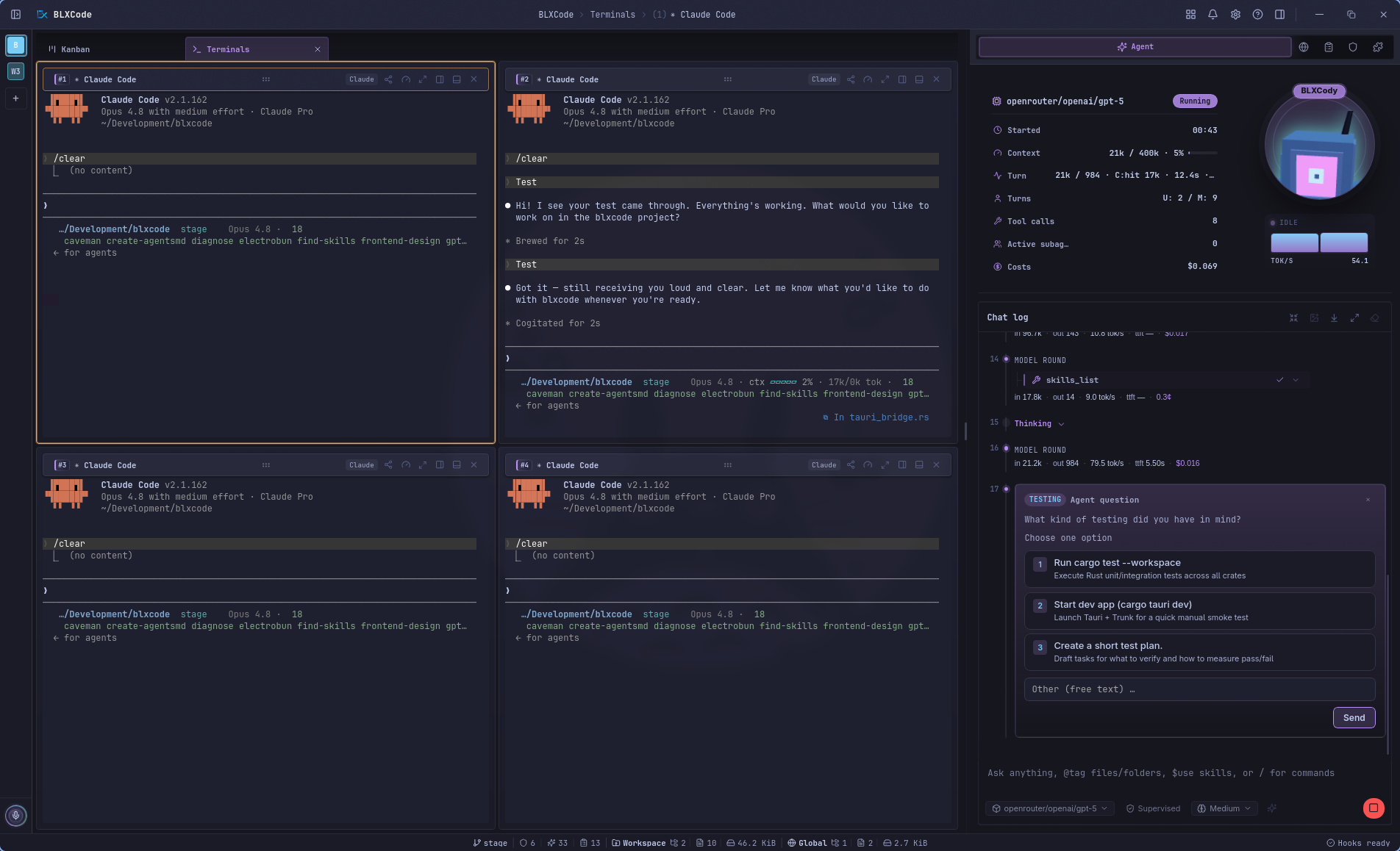BLXCode Agent controlling terminal agents and showing an Agent question card with numbered choices, free-text option, Send button, and Stop toggle