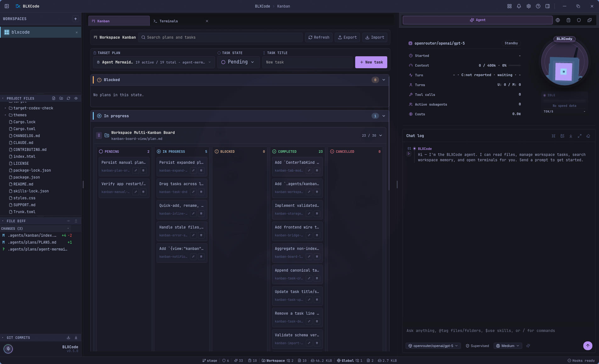 Workspace Kanban board with one expanded plan, nested pending, in-progress, blocked, completed, and cancelled task lanes, quick task actions, and Agent panel beside it