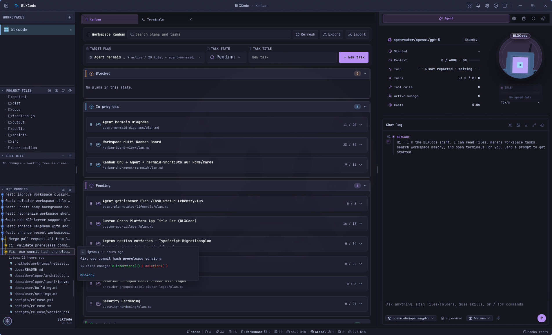 Workspace Kanban center tab showing searchable plan status groups, quick task creation, import and export controls, and the BLXCode Agent session stats panel