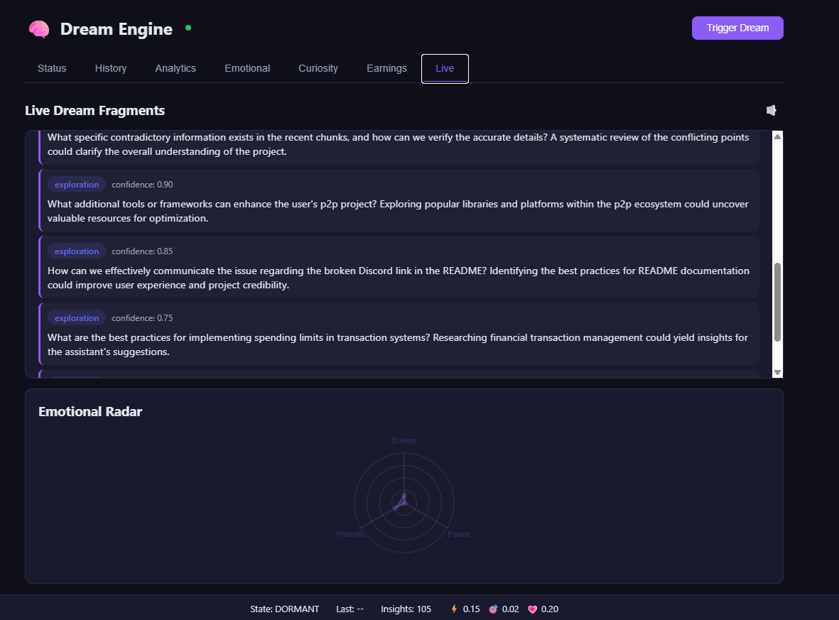 Dream Engine, live dream fragments and emotional radar