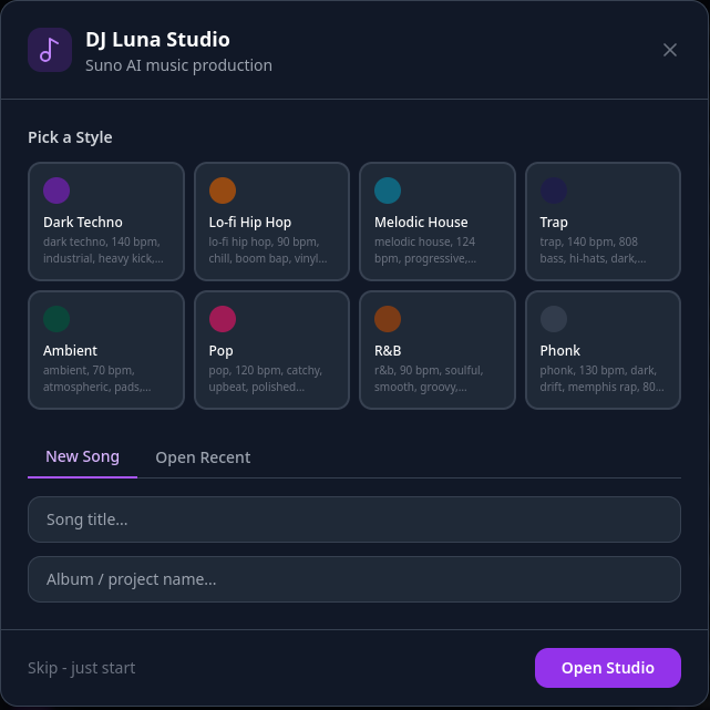 DJ Luna startup modal showing genre preset grid with Dark Techno, Lo-fi Hip Hop, Melodic House, Trap, Ambient, Pop, R&B, and Phonk presets