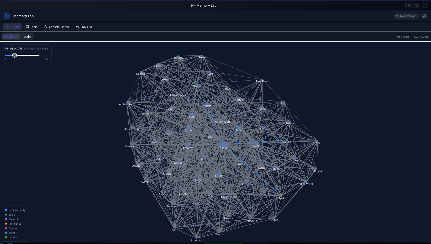 Memory Lab Graph Explorer with Labels - Detailed view showing entity names and relationship types across the knowledge graph