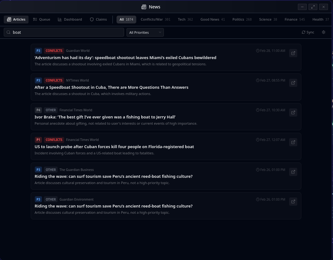 News window with search functionality, category filter pills, and priority-graded article results with source attribution