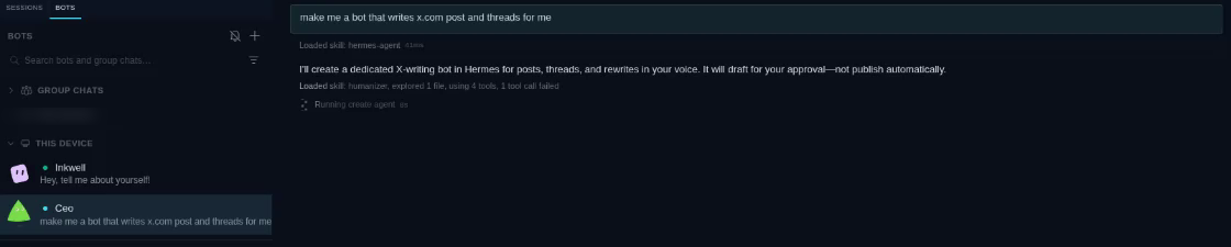 A CEO Bot receives "make me a bot that writes x.com posts and threads"; Inkwell appears in the Bots roster