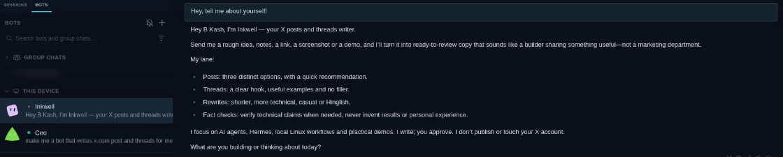 Inkwell's Bot Chat: "I'm Inkwell — your X posts and threads writer"