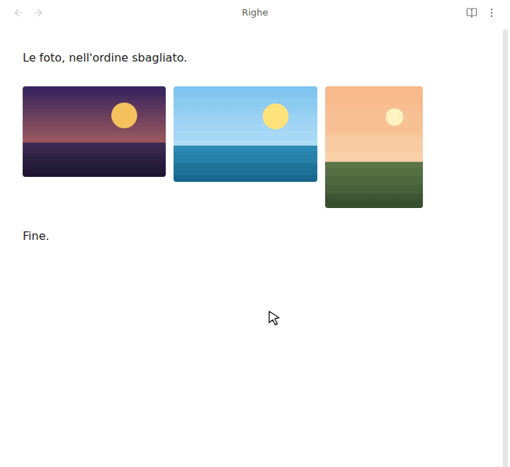 Reordering an image row by dragging, resizing with the handle, vertical alignment from the bar