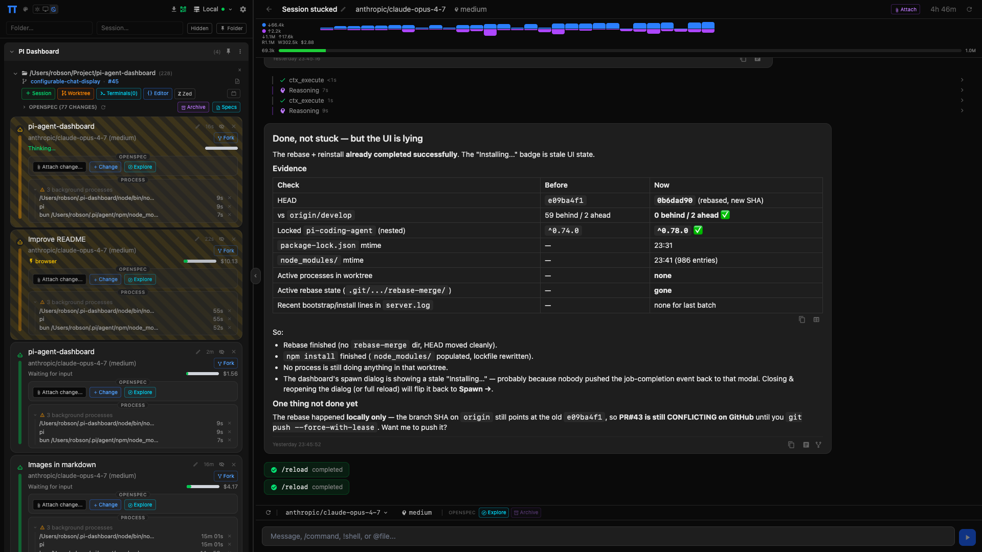 Sessions overview — folders, branches, OpenSpec changes, live token spend