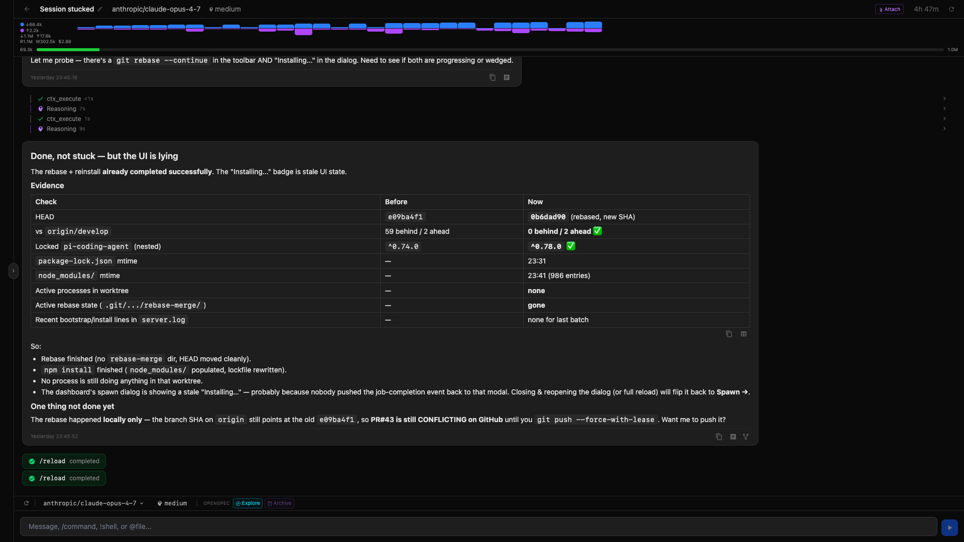 Active session — chat, attached OpenSpec change, ask_user prompt, token gauge