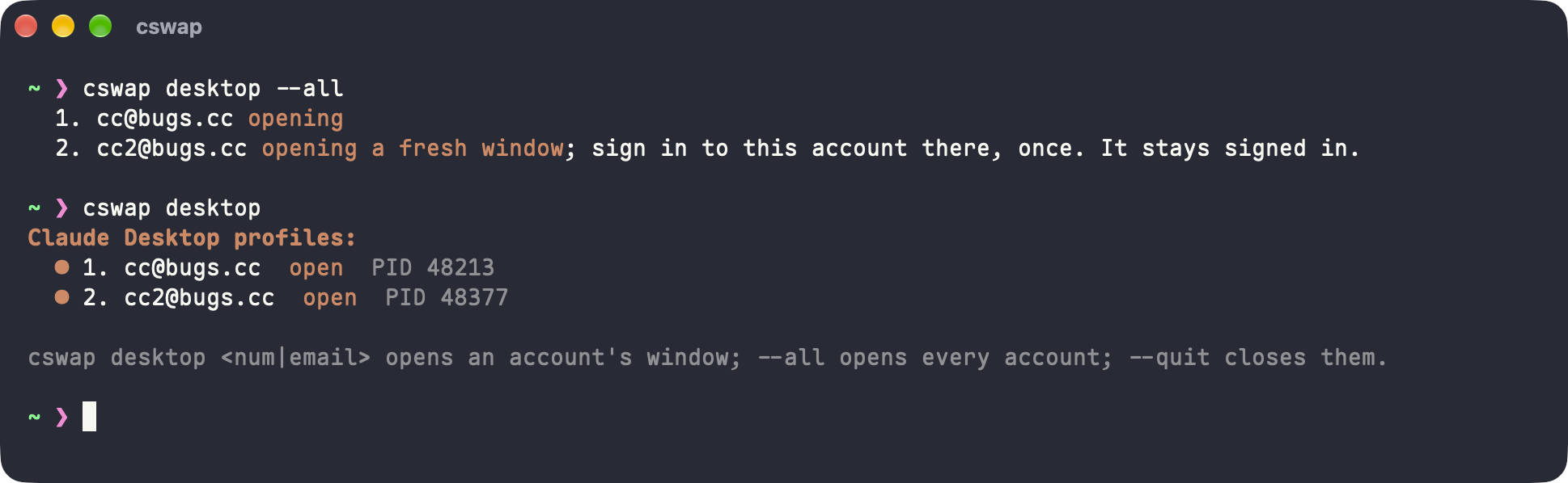 cswap desktop --all opening one Claude Desktop window per account, then cswap desktop listing both as open
