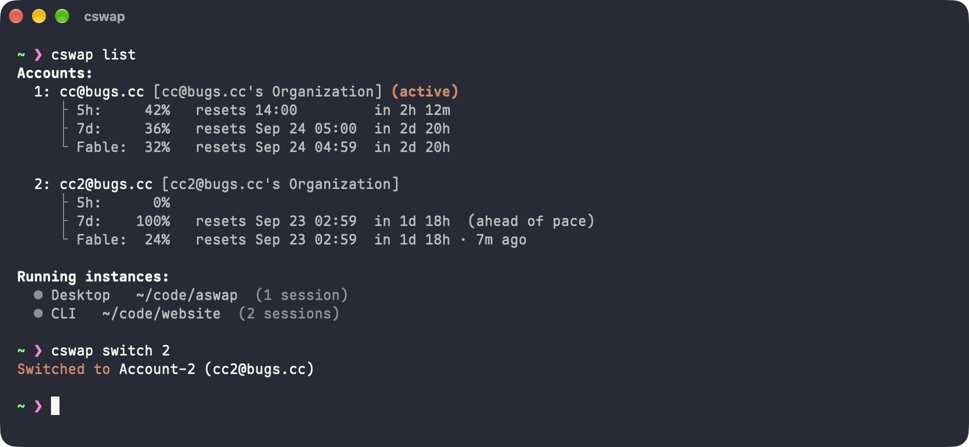 cswap list: two accounts with their 5h, 7d and per-model usage, then cswap switch 2