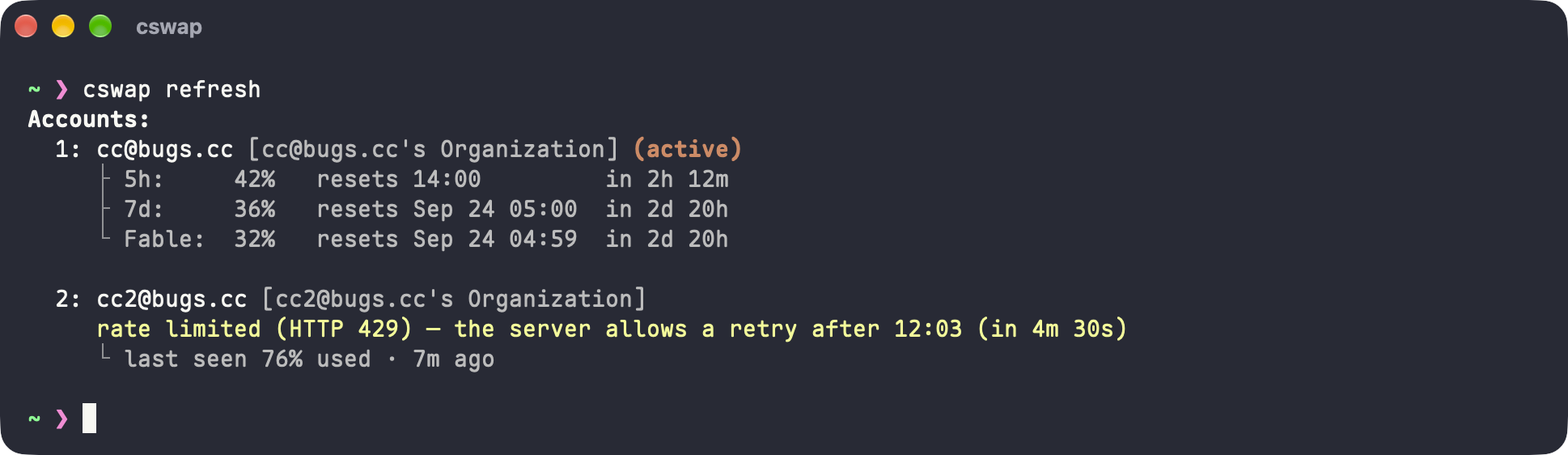 cswap refresh: one account refreshed, the other rate limited with the server retry time