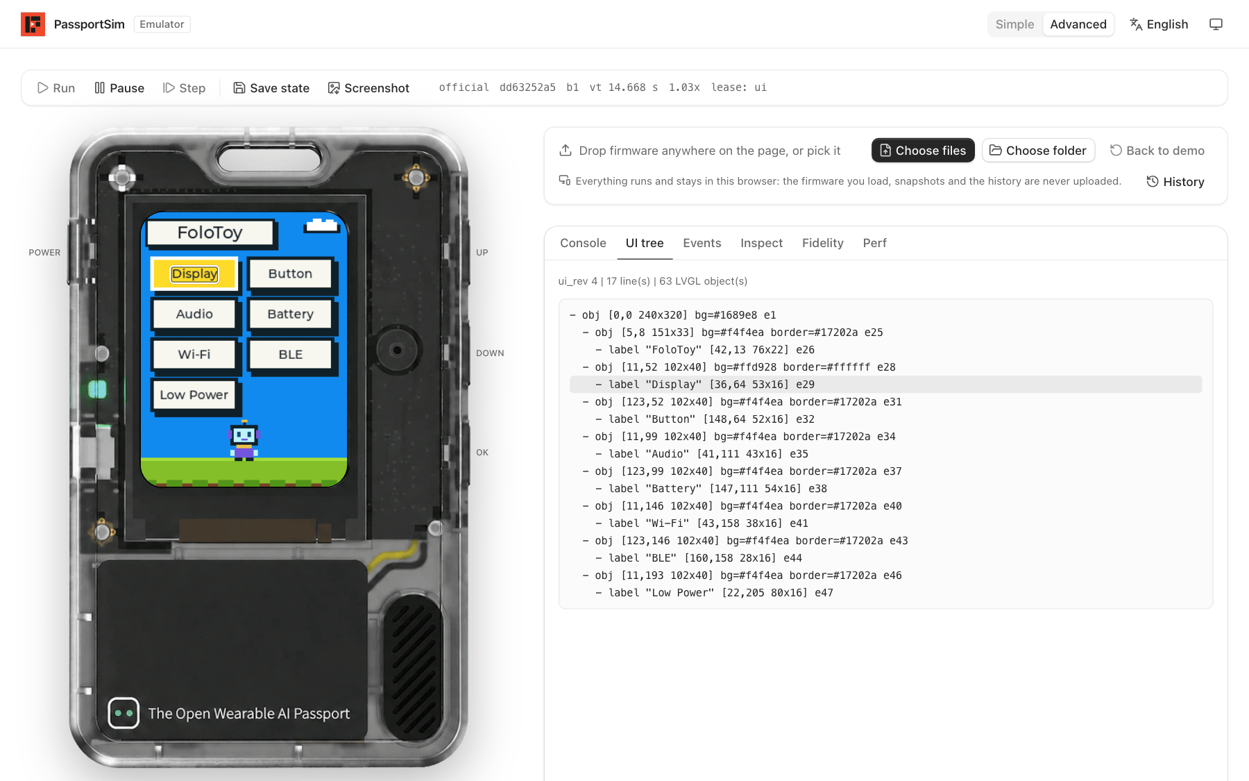 The UI tree tab: the widget tree an agent reads, with the hovered widget outlined on the screen