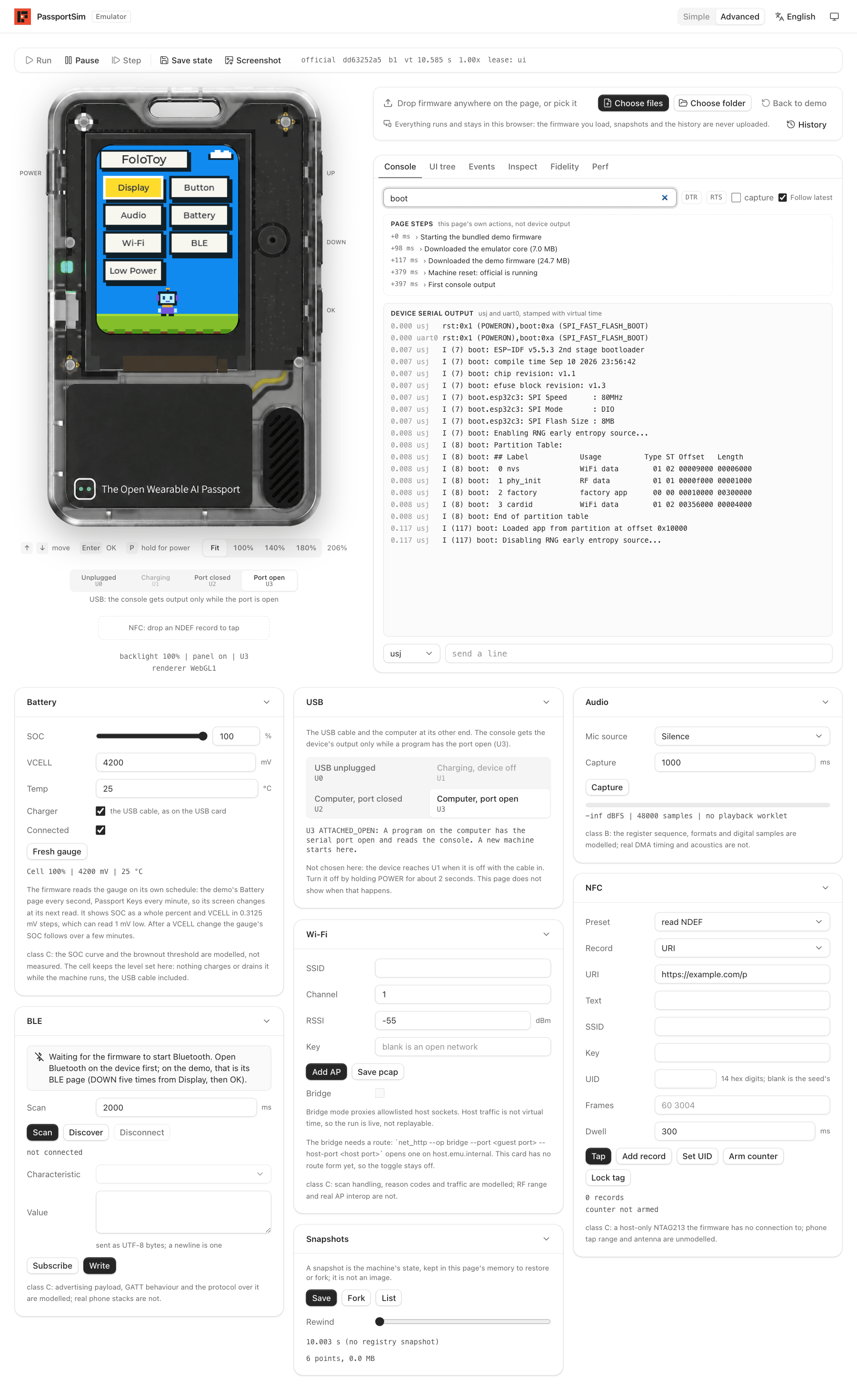 Advanced mode running the demo, with the serial console filtered to the bootloader lines and every device card