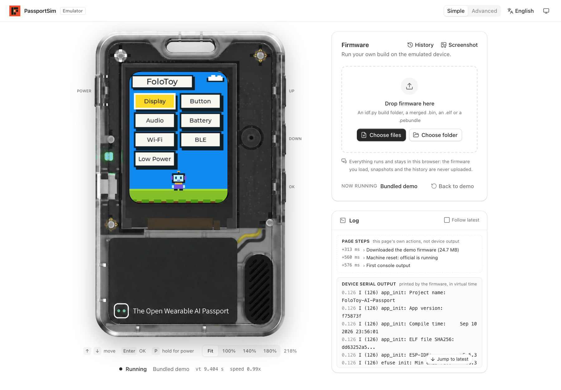 PassportSim in the browser: the emulated device running the official demo, a firmware card and the log