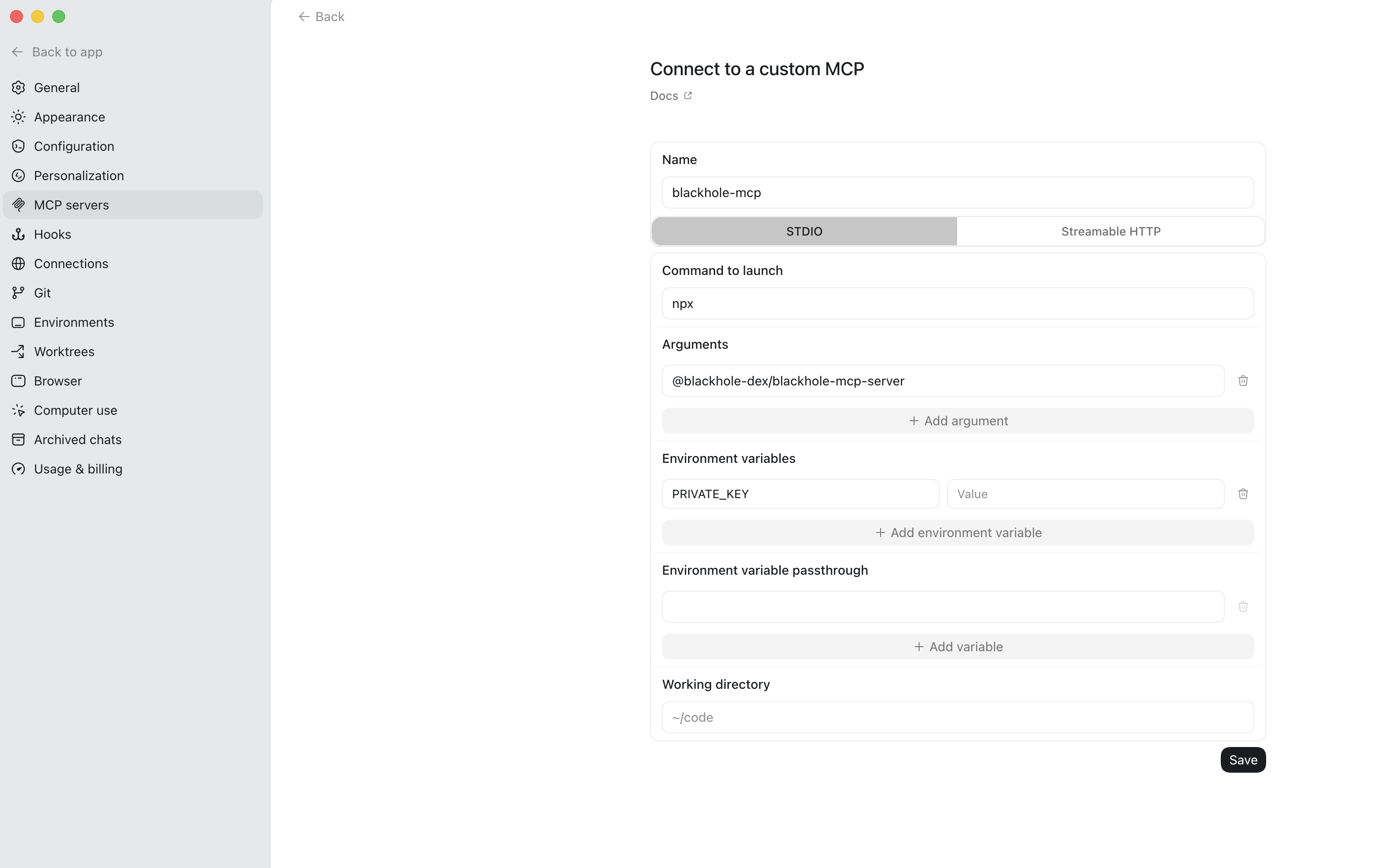 Codex MCP settings UI