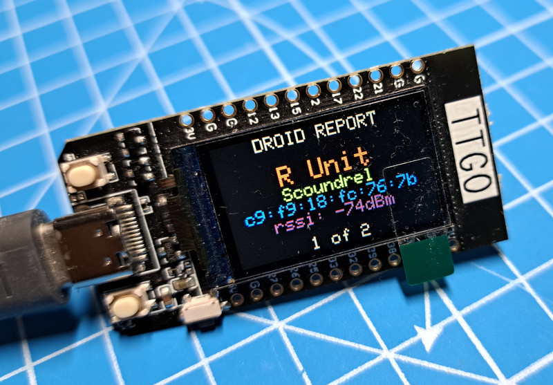 Image of a TTGO showing a list of nearby droids including their bluetooth address, their affiliation, and personality chip.