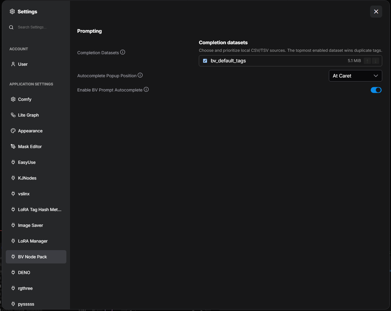 BV Prompt Autocomplete settings