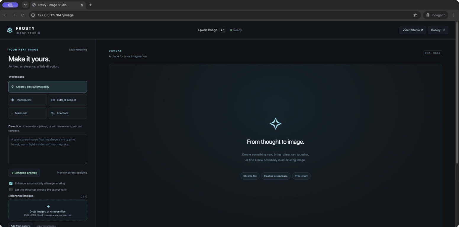 Frosty Image workspace in the shared dark theme