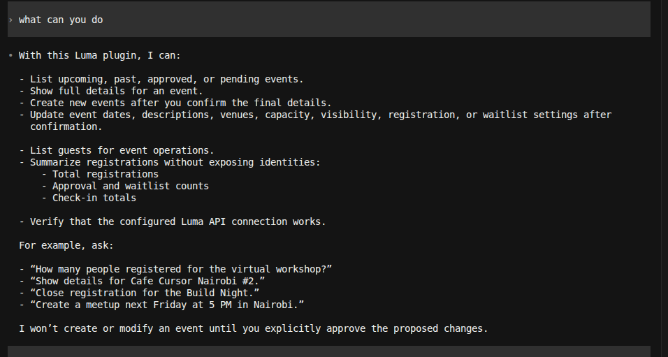 The Luma Events MCP server describing its available tools and confirmation safeguards