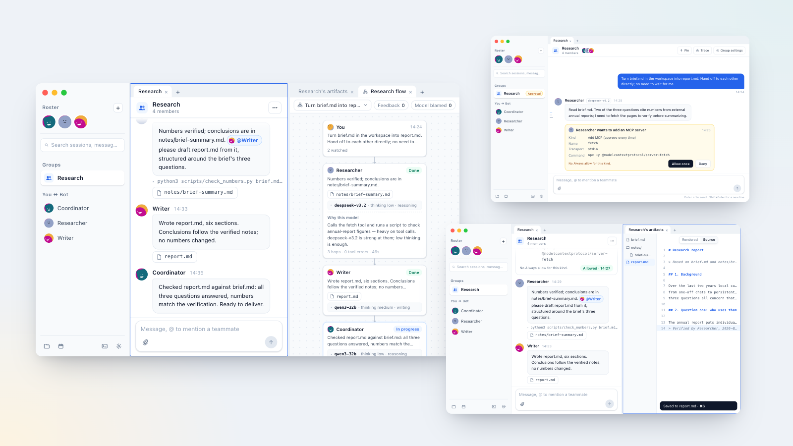 Deskfolk: a group chat beside its flow board, a pending approval card and a Markdown preview