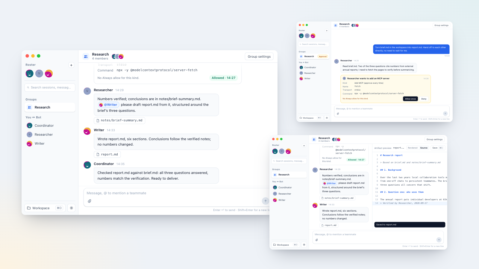 Real Bot: a group chat with three bots, a pending approval card and a Markdown preview