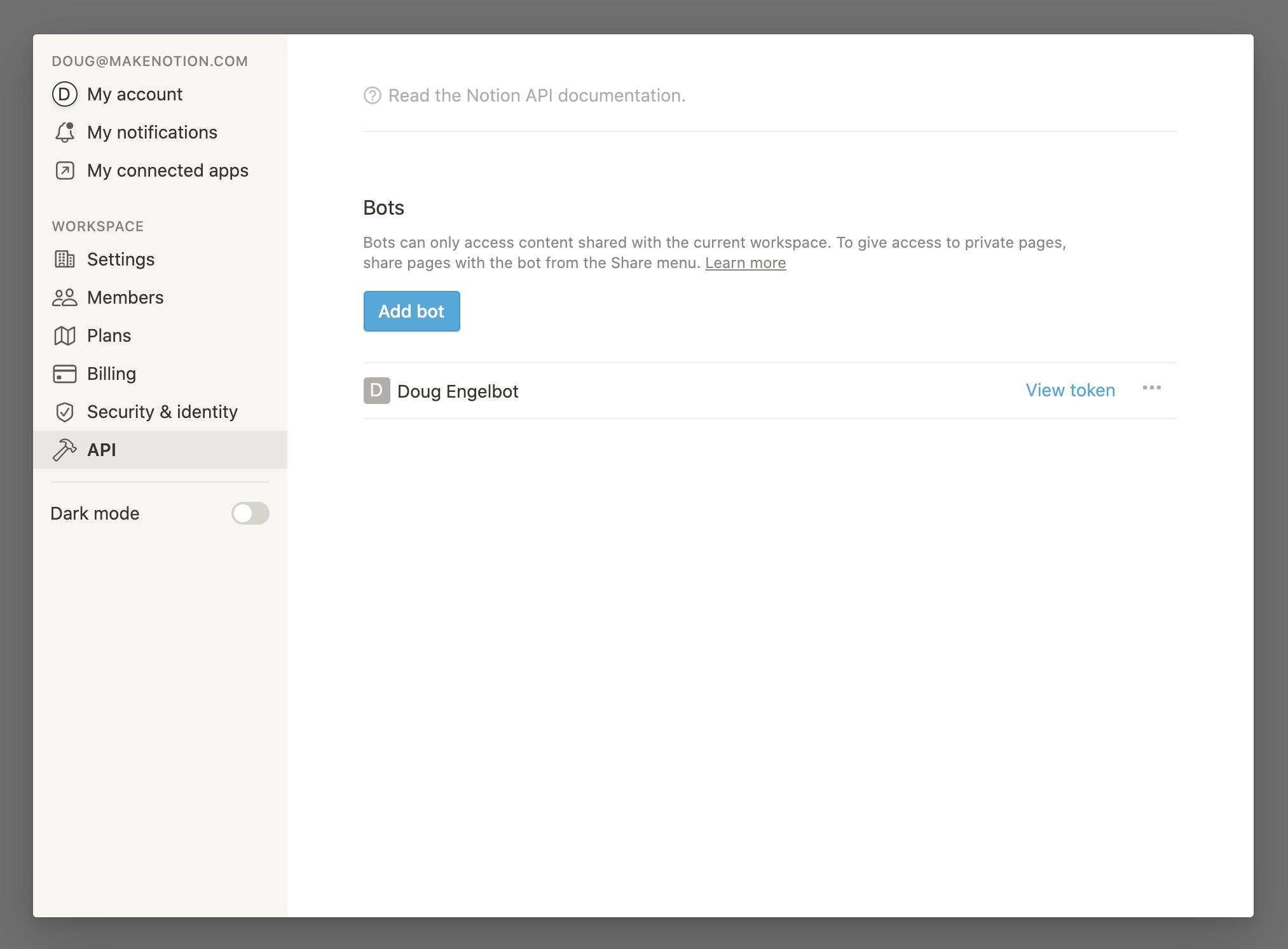 A screenshot of the Notion page to create a bot